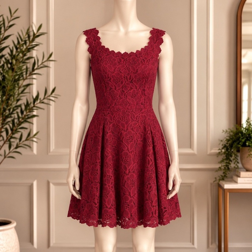 City Studio Womens Dress Burgundy Floral Lace Fit and Flare Sleeveless Size 5
